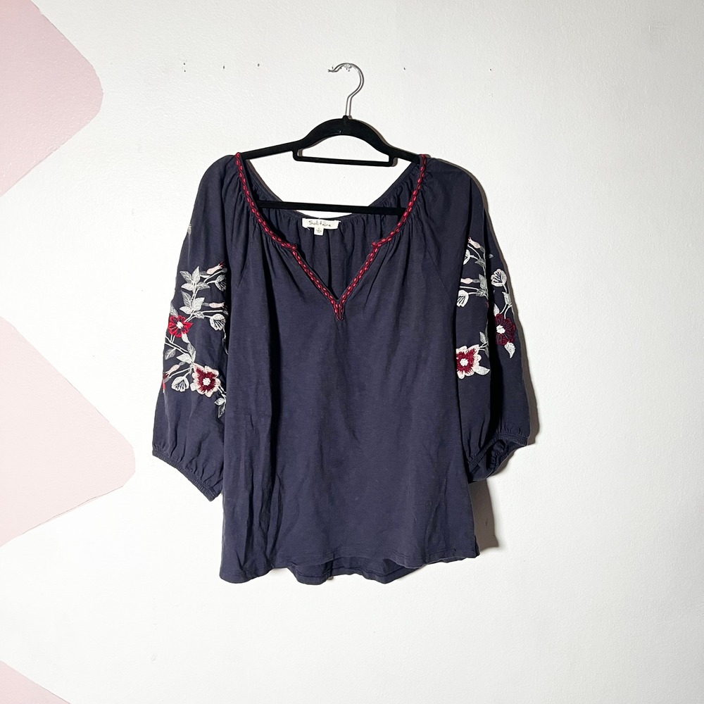 Anthropologie Solitaire Peasant Top Large Blue Floral Embroidered Boho